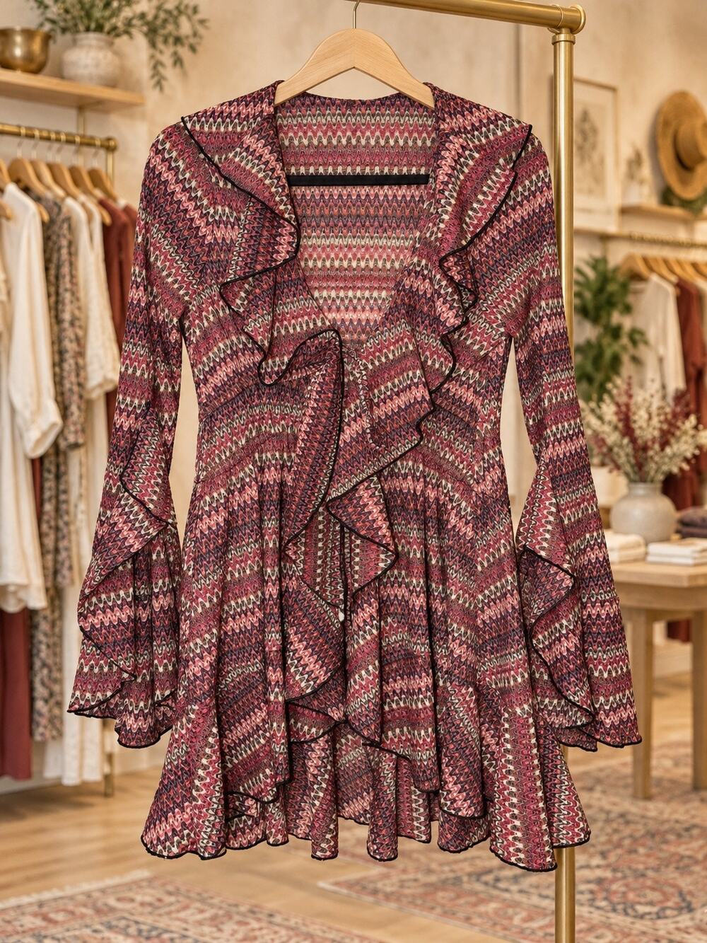 Free People Pink Combo Ruffle Cardigan Tie Front Bell Sleeve Knit Boho NWT Sm